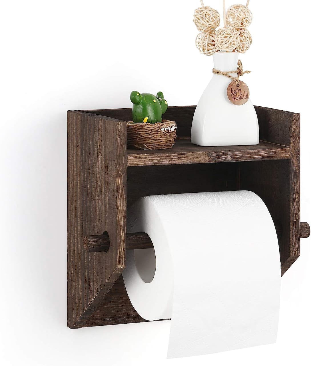 Rustic Brown Wood Toilet Paper Holder Wall Mount with Shelf